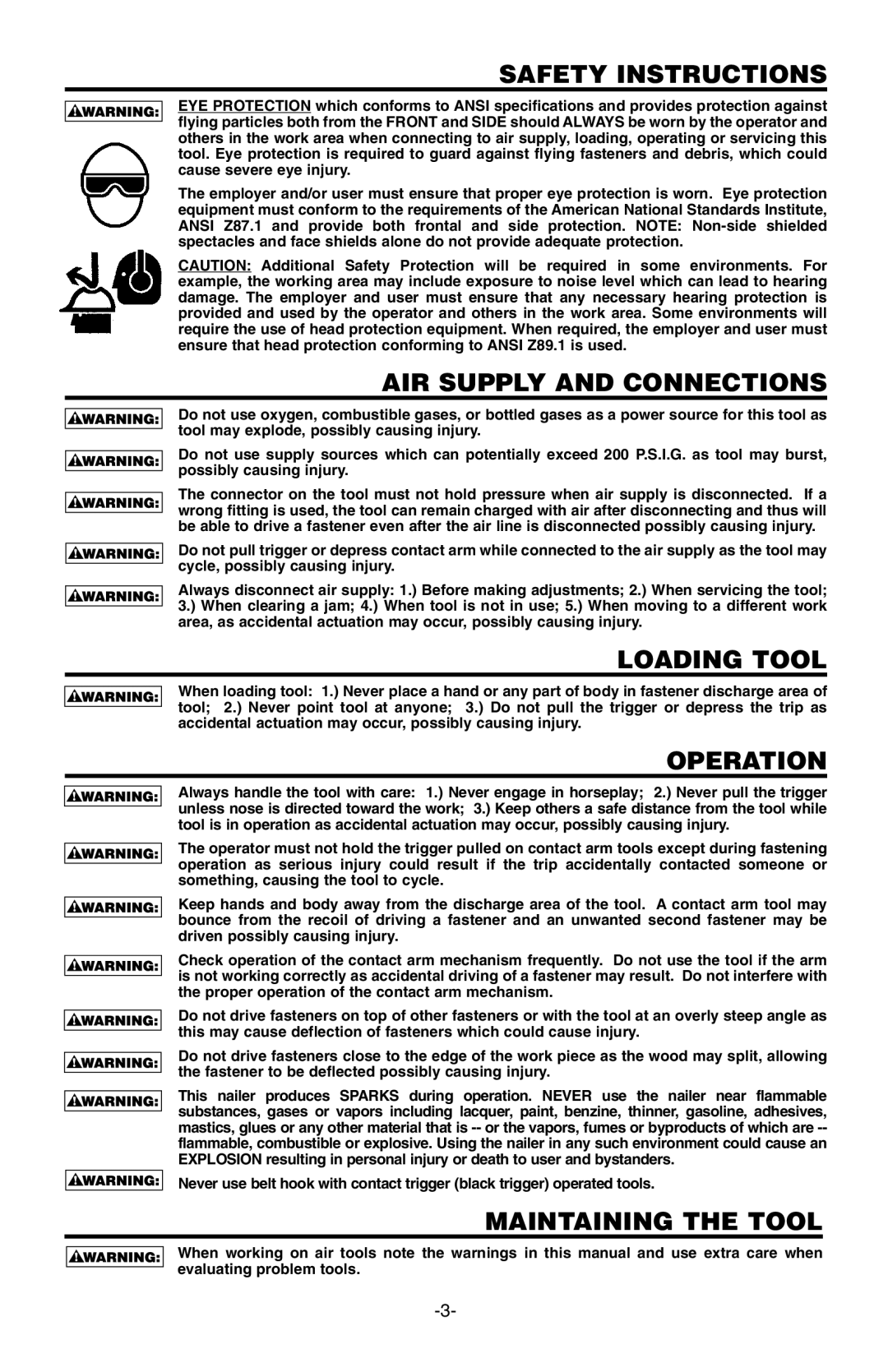 Bostitch 166066REVE manual Safety Instructions, AIR Supply and Connections, Loading Tool, Operation, Maintaining the Tool 