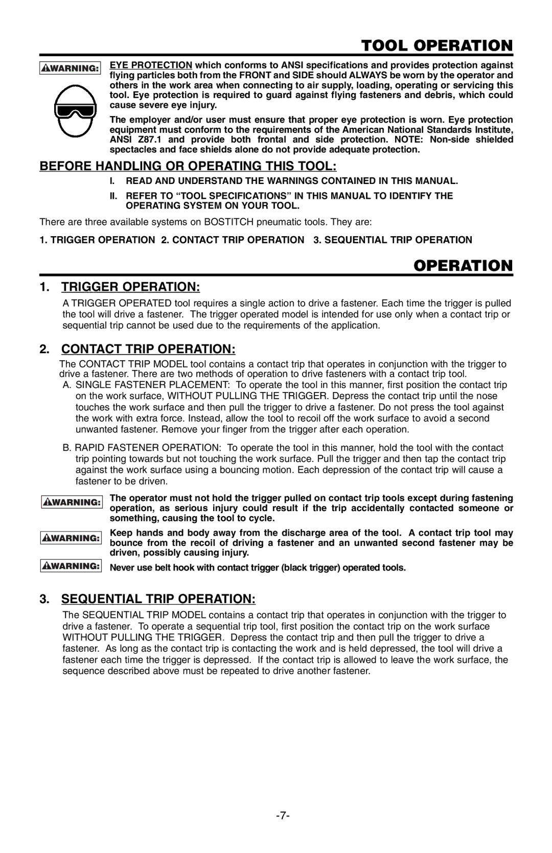Bostitch 166066REVE Tool Operation, Before Handling or Operating this Tool, Trigger Operation, Contact Trip Operation 