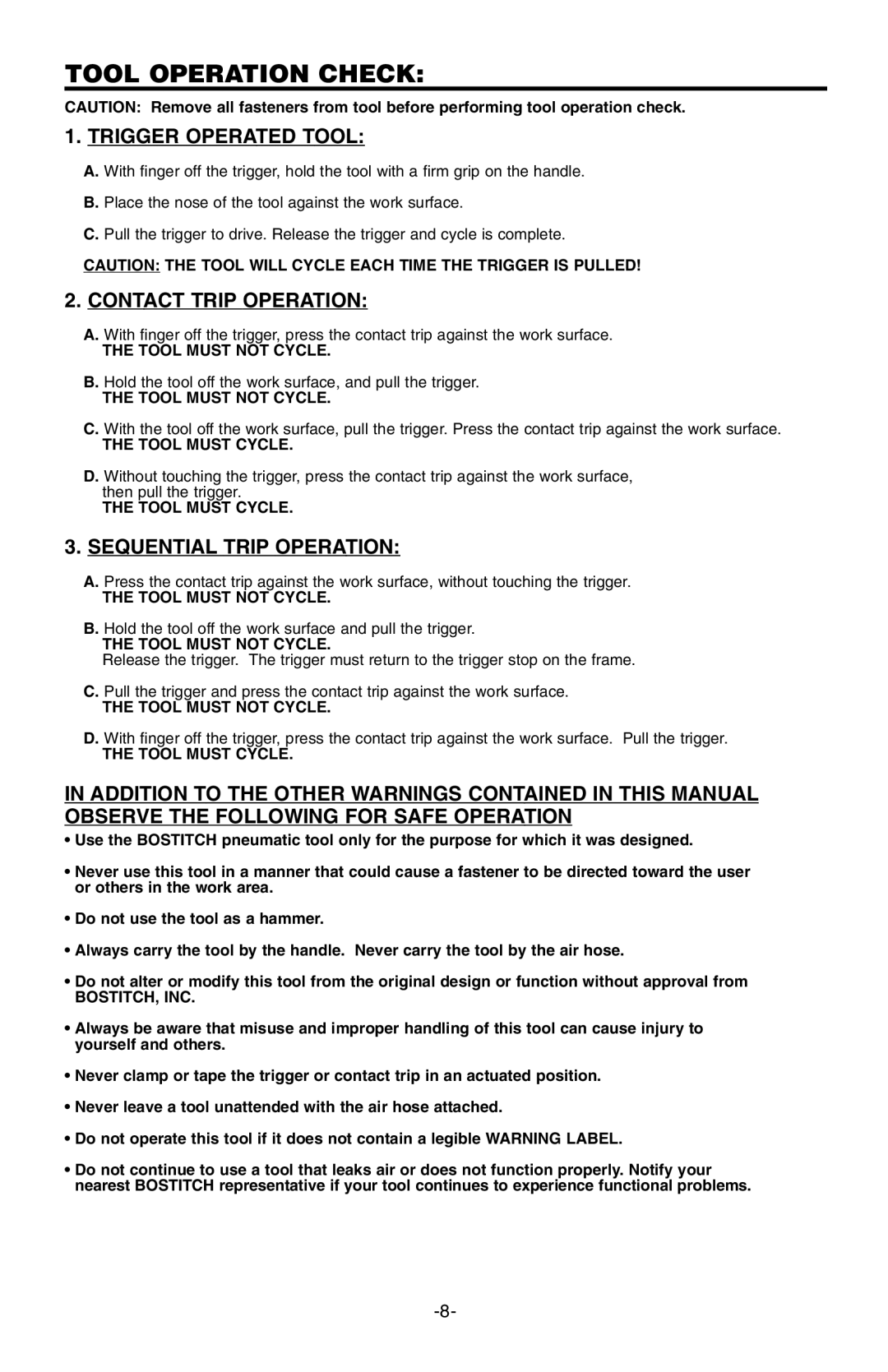 Bostitch 166066REVE manual Tool Operation Check, Trigger Operated Tool, Tool Must not Cycle, Tool Must Cycle, Bostitch, Inc 