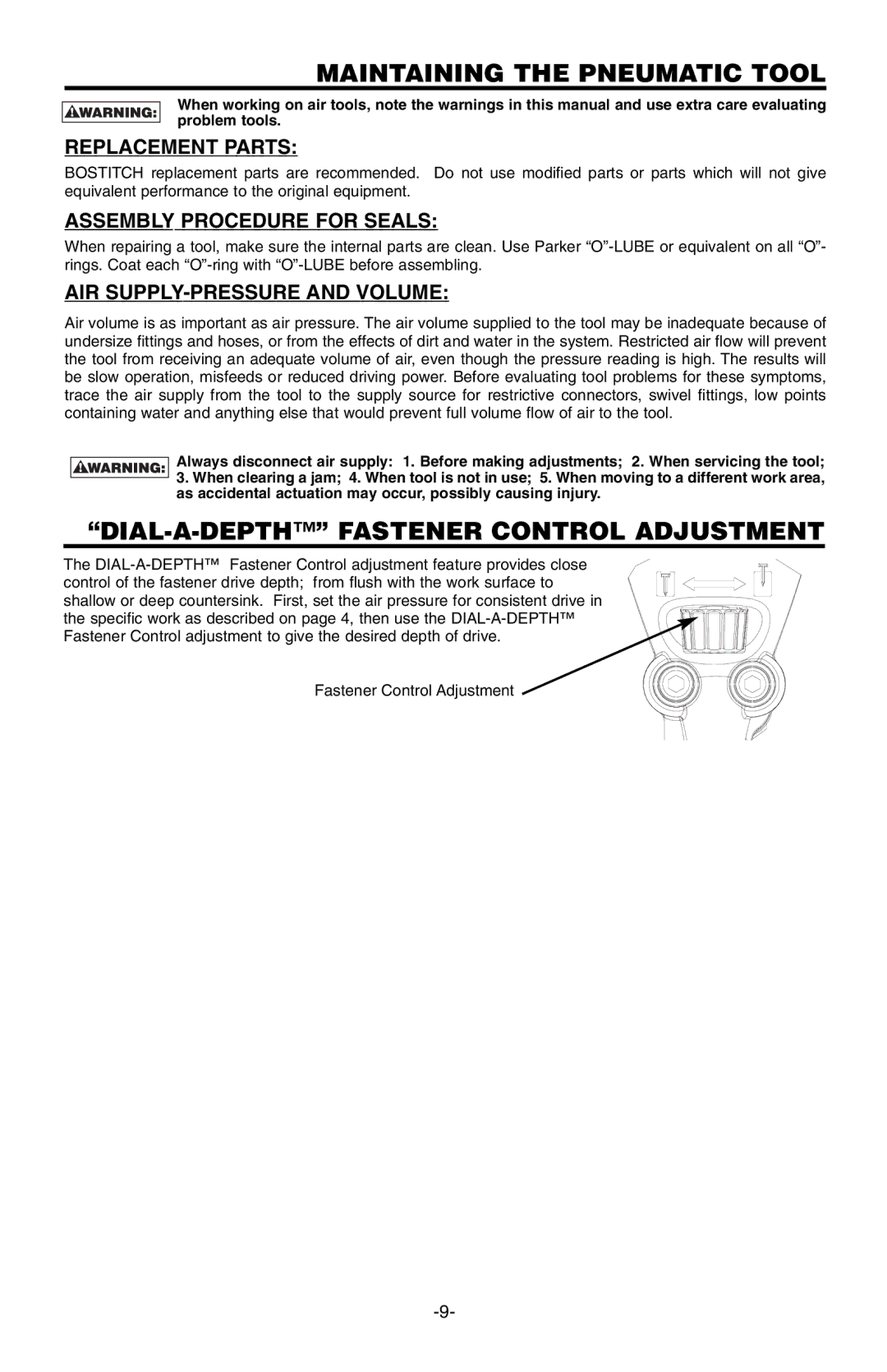 Bostitch 166066REVE manual Maintaining the Pneumatic Tool, DIAL-A-DEPTH Fastener Control Adjustment, Replacement Parts 