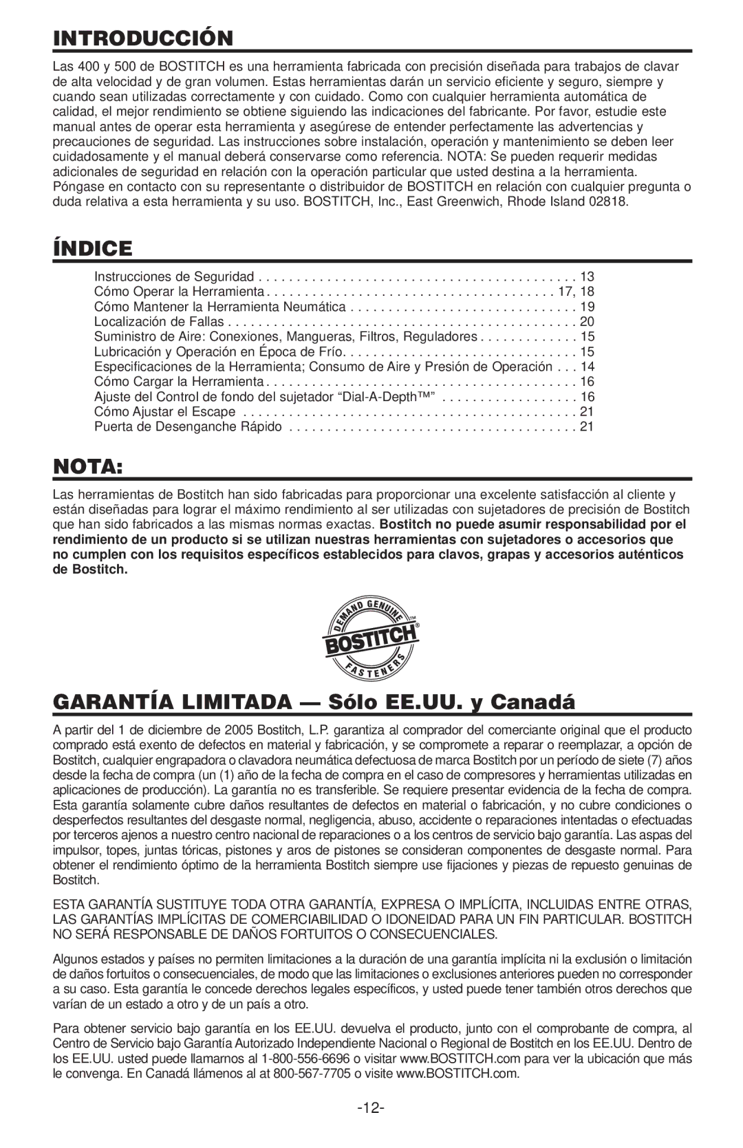 Bostitch 500 SERIES, 400  SERIES manual Introducción, Índice, Nota 