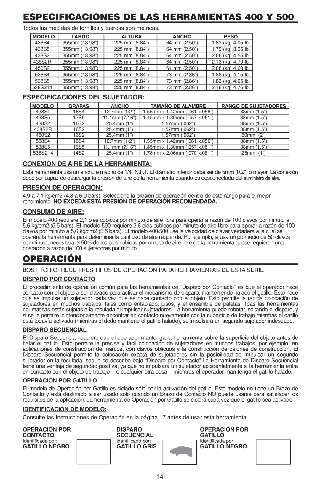 Bostitch 500 SERIES, 400  SERIES manual Especificaciones DE LAS Herramientas 400 Y 