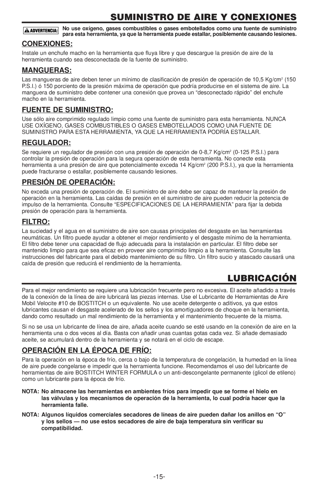 Bostitch 400  SERIES, 500 SERIES manual Lubricación 