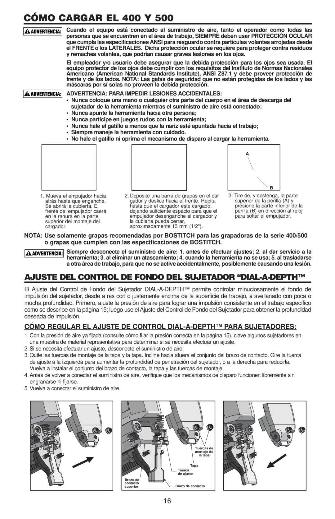 Bostitch 500 SERIES, 400  SERIES manual Cómo Cargar EL 400 Y, Advertencia Para Impedir Lesiones Accidentales 