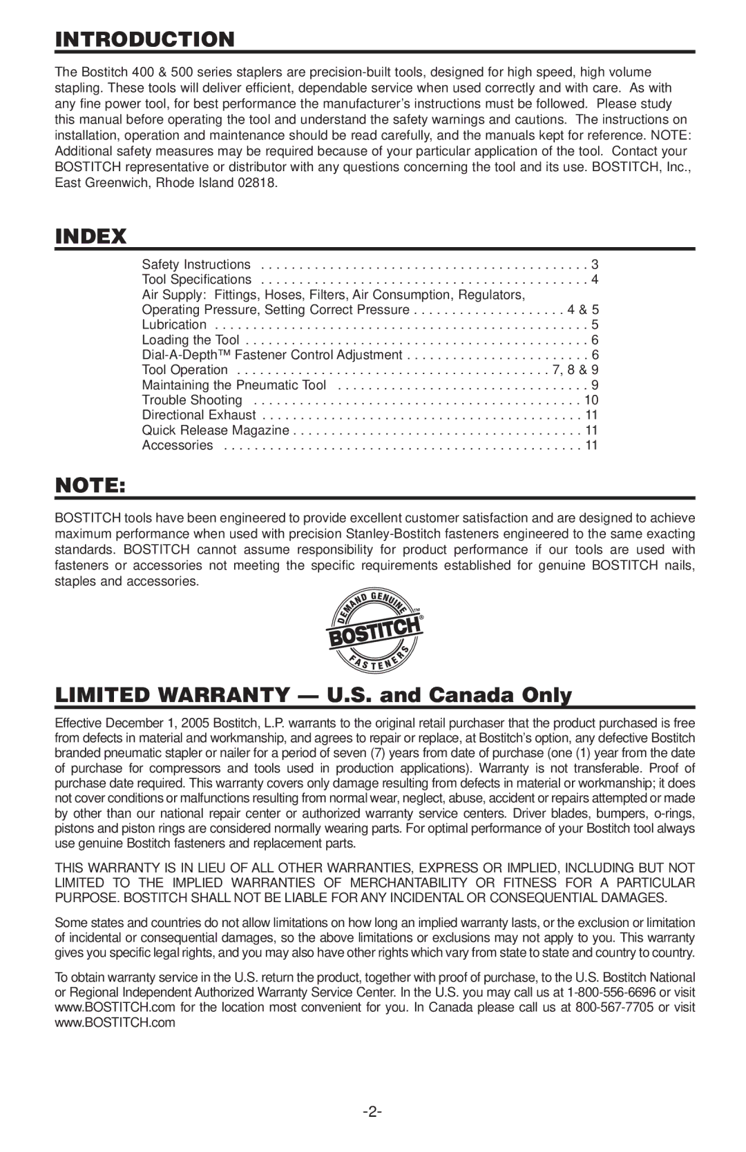 Bostitch 500 SERIES, 400  SERIES manual Introduction, Index 