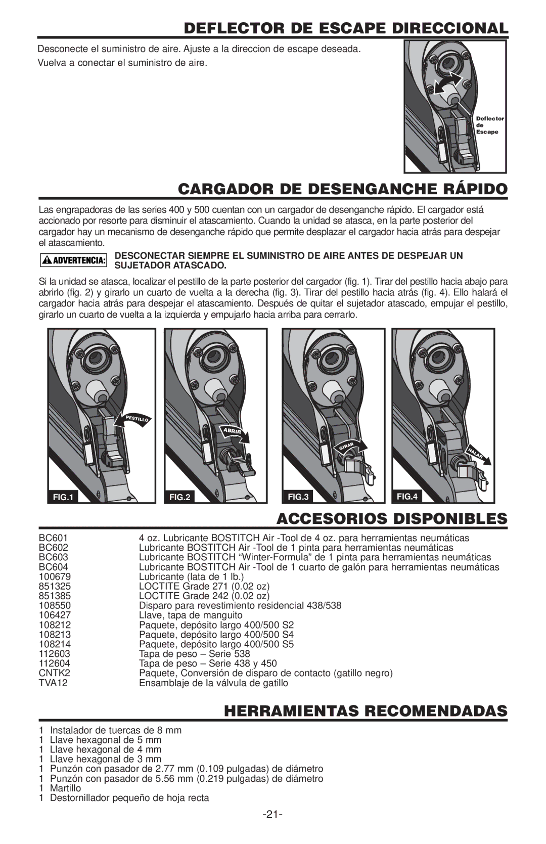 Bostitch 400  SERIES, 500 SERIES Deflector DE Escape Direccional, Cargador DE Desenganche Rápido, Accesorios Disponibles 