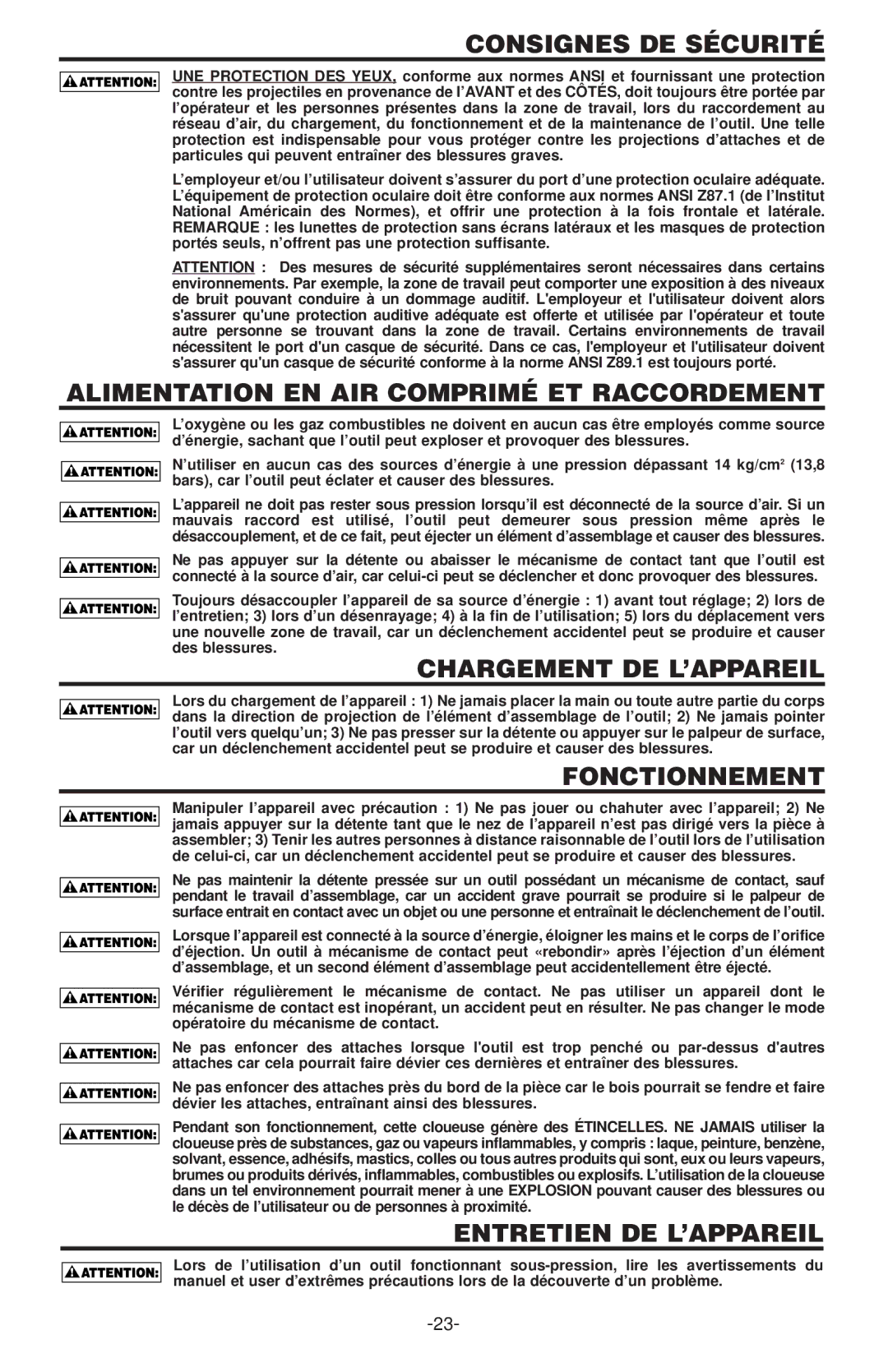 Bostitch 400  SERIES manual Consignes DE Sécurité, Alimentation EN AIR Comprimé ET Raccordement, Chargement DE L’APPAREIL 