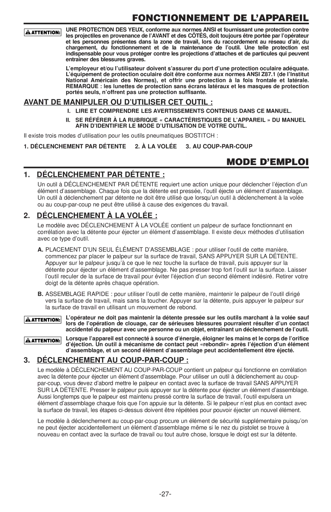 Bostitch 400  SERIES, 500 SERIES manual Fonctionnement DE L’APPAREIL, Mode D’EMPLOI 