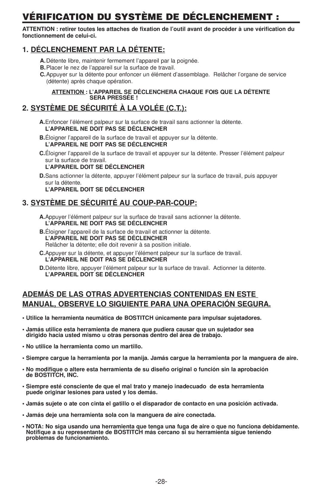 Bostitch 500 SERIES, 400  SERIES manual Vérification DU Système DE Déclenchement, Déclenchement P AR LA Détente 