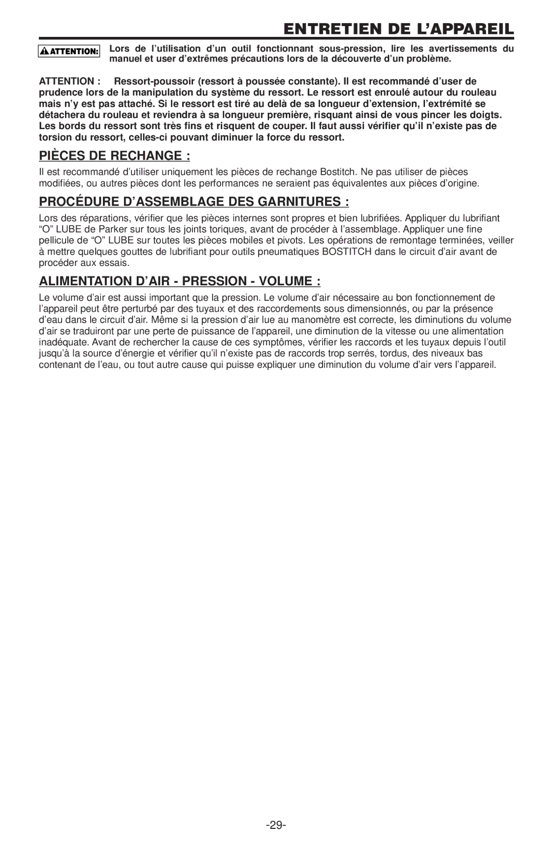 Bostitch 400  SERIES manual Pièces DE Rechange, Procédure D’ASSEMBLAGE DES Garnitures, Alimentation D’AIR Pression Volume 