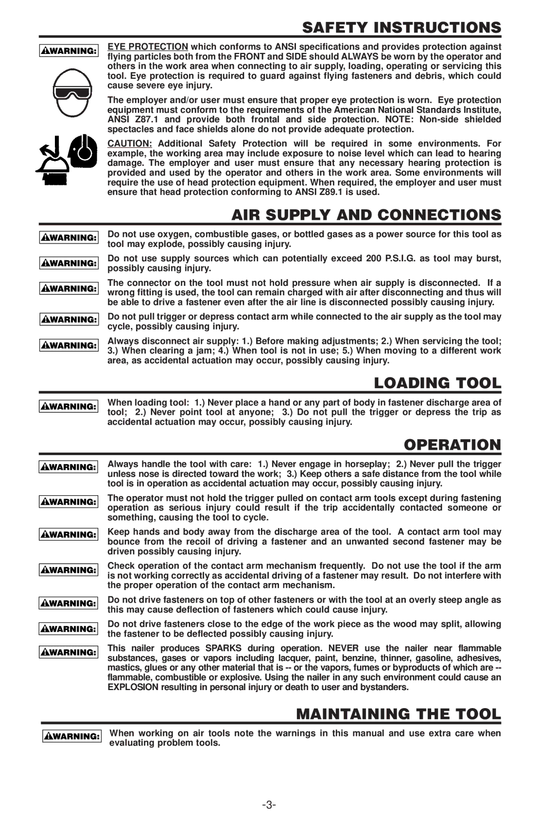 Bostitch 400  SERIES manual Safety Instructions, AIR Supply and Connections, Loading Tool, Operation, Maintaining the Tool 