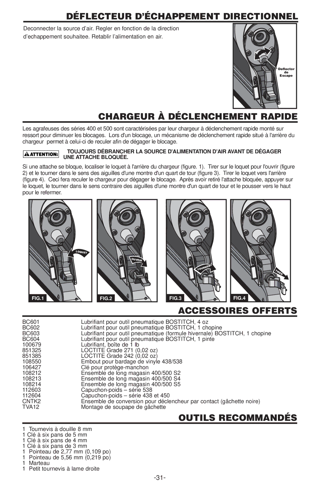 Bostitch 400  SERIES manual Déflecteur D’ÉCHAPPEMENT Directionnel, Chargeur À Déclenchement Rapide, Accessoires Offerts 