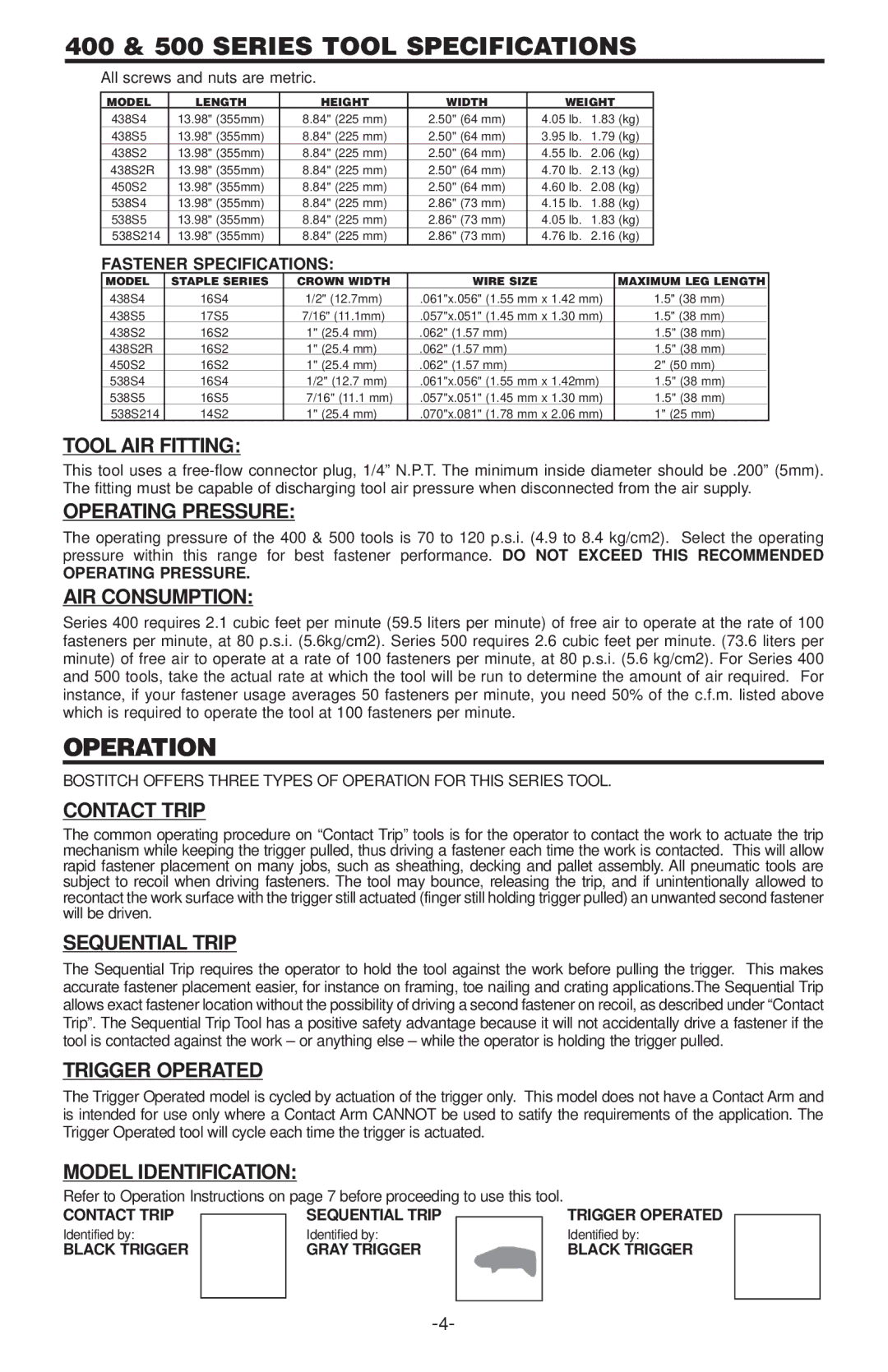 Bostitch 500 SERIES, 400  SERIES manual 400 & 500 Series Tool Specifications 