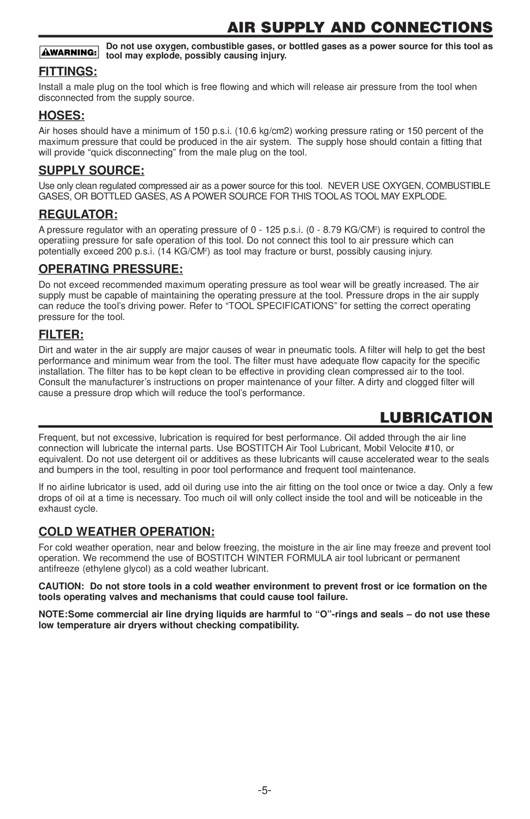 Bostitch 400  SERIES, 500 SERIES manual Lubrication 