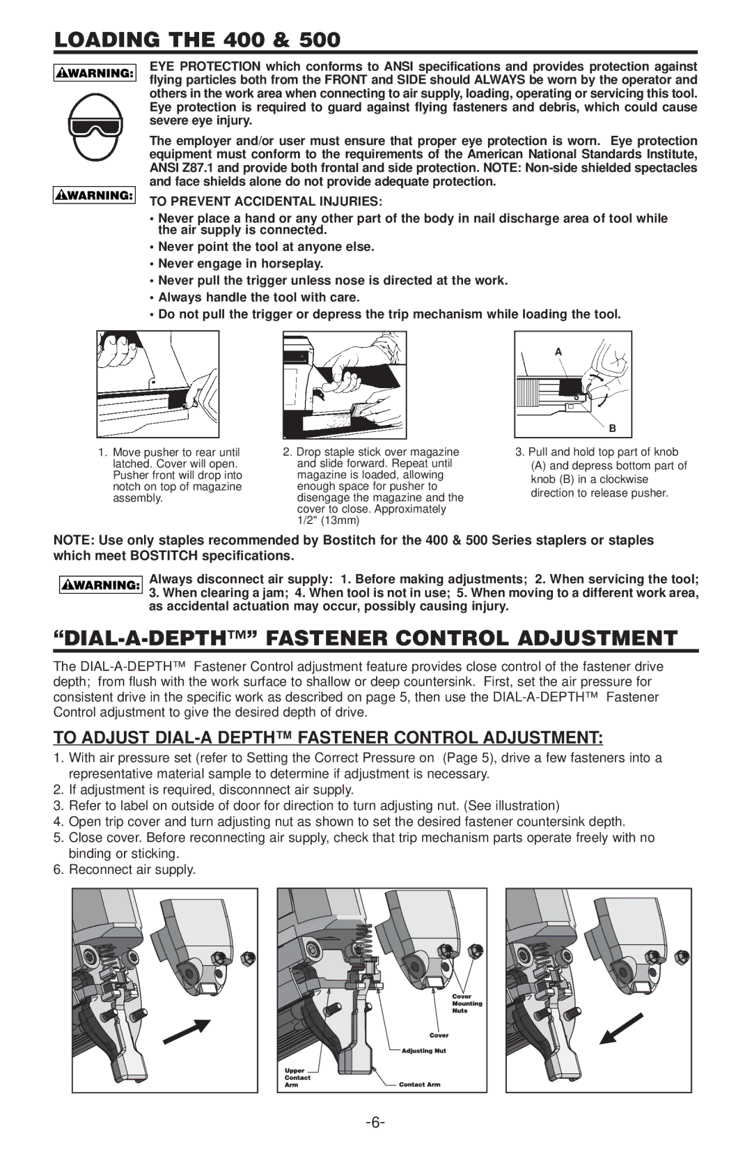 Bostitch 500 SERIES manual DIAL-A-DEPTH Fastener Control Adjustment, To Adjust DIAL-A Depth Fastener Control Adjustment 