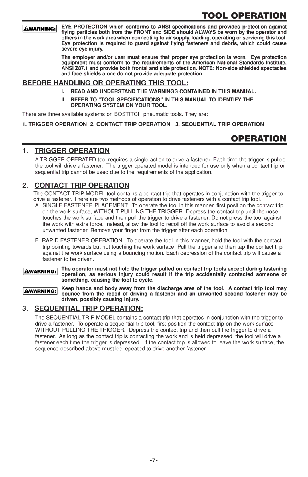 Bostitch 400  SERIES Tool Operation, Before Handling or Operating this Tool, Trigger Operation, Contact Trip Operation 