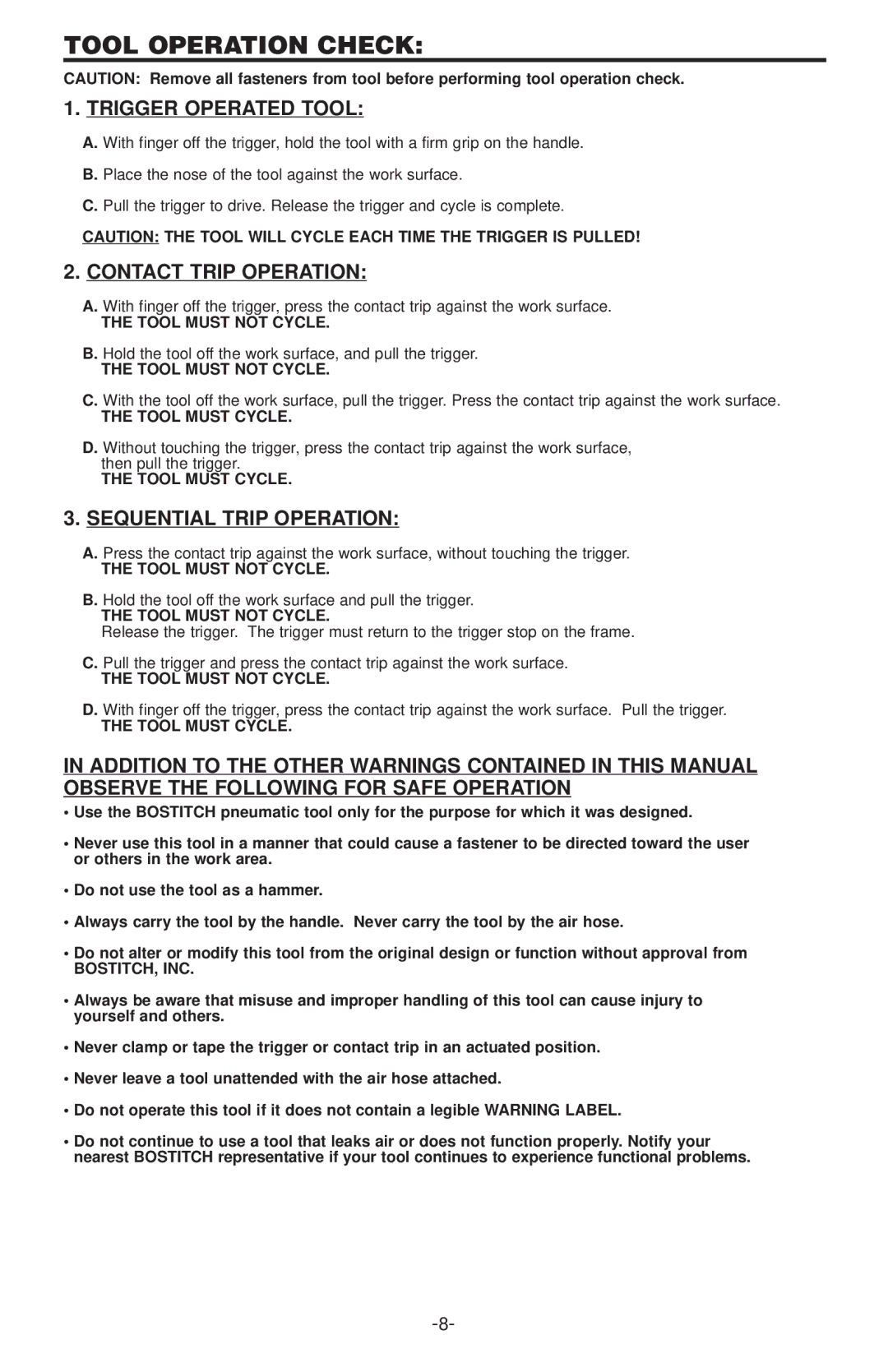 Bostitch 500 SERIES manual Tool Operation Check, Trigger Operated Tool, Tool Must not Cycle, Tool Must Cycle, Bostitch, Inc 