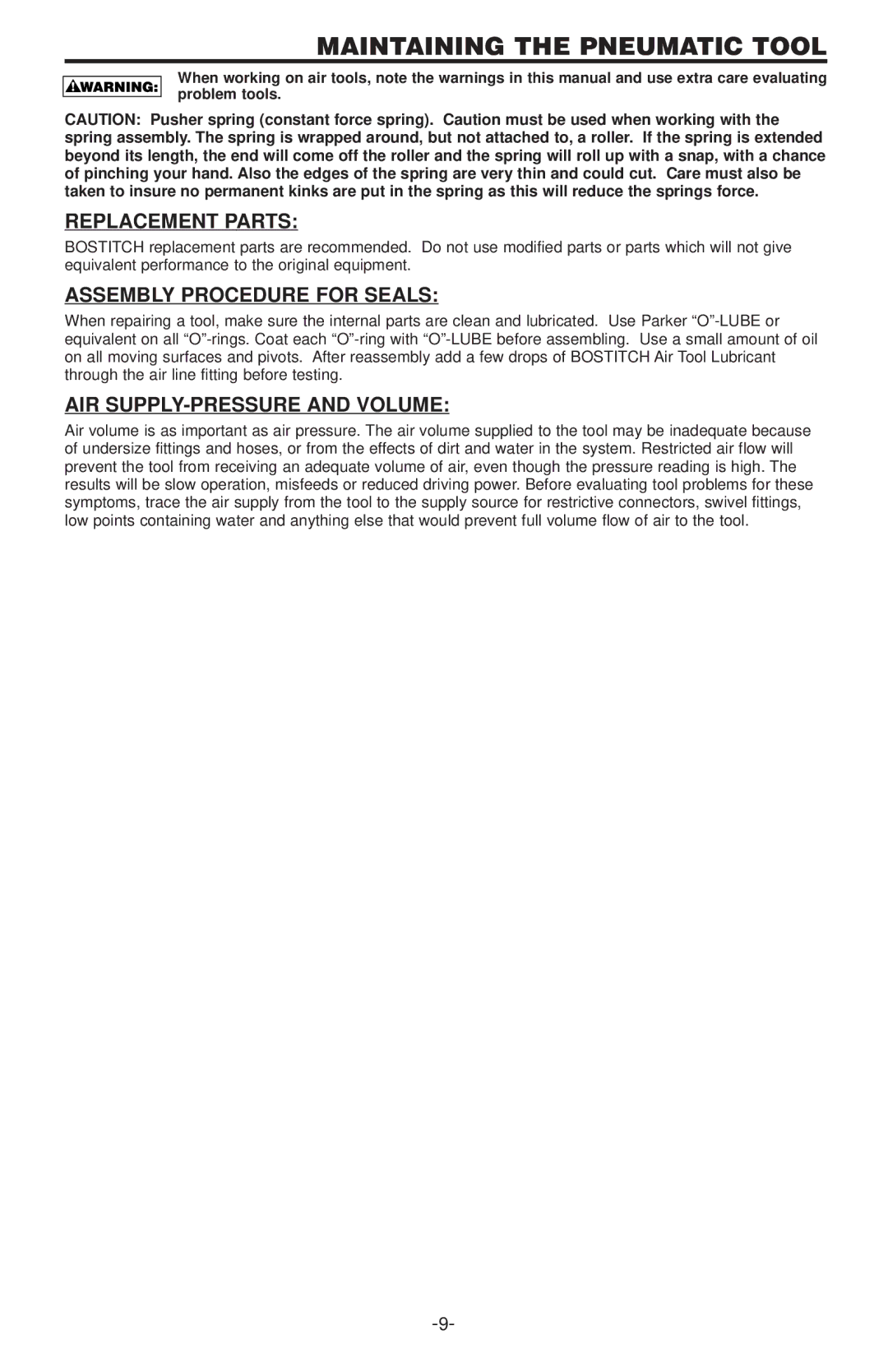 Bostitch 400  SERIES, 500 SERIES manual Maintaining the Pneumatic Tool, Replacement Parts, Assembly Procedure for Seals 