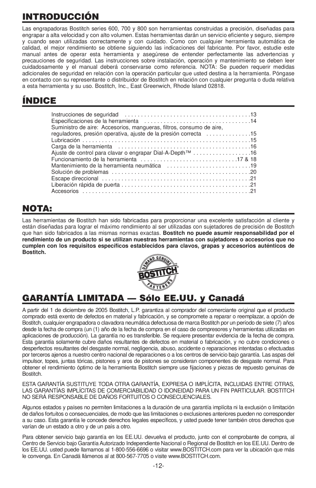 Bostitch 600, 650S4-1 manual Introducción, Índice, Nota, Garantía Limitada Sólo EE.UU. y Canadá 