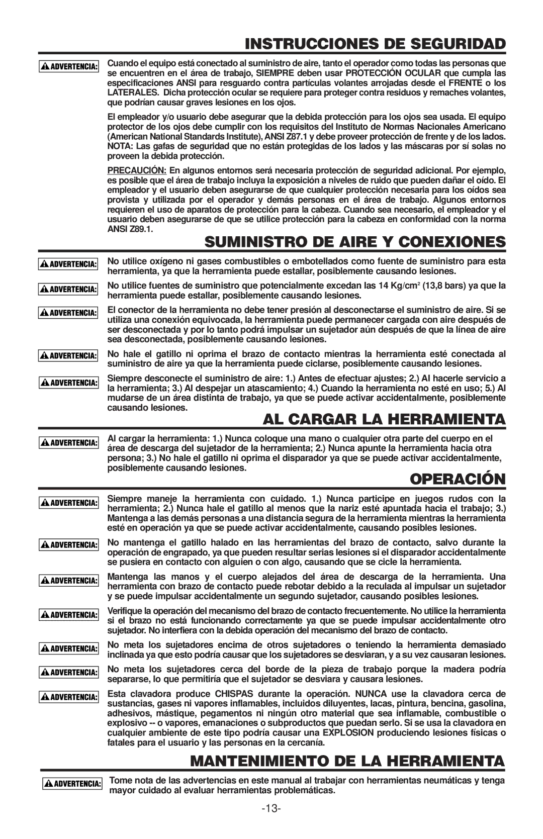 Bostitch 650S4-1, 600 Instrucciones DE Seguridad, Suministro DE Aire Y Conexiones, AL Cargar LA Herramienta, Operación 