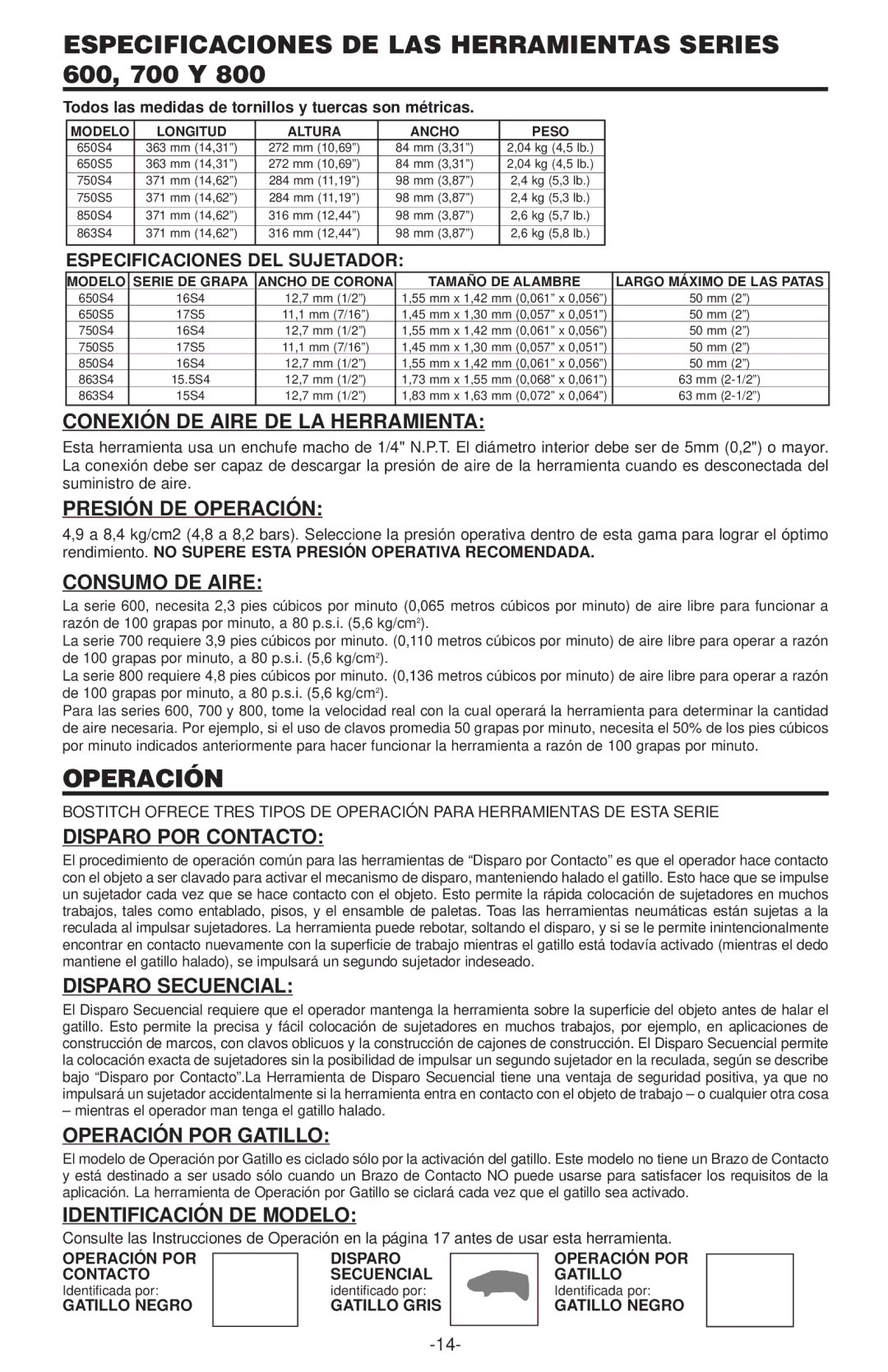 Bostitch 650S4-1 manual Especificaciones DE LAS Herramientas Series 600, 700 Y 