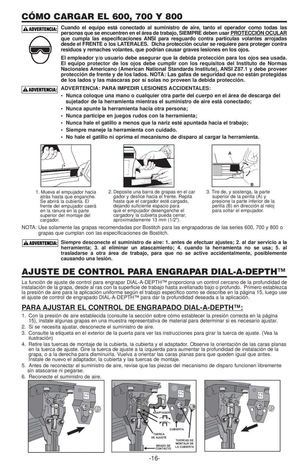 Bostitch 650S4-1 manual Cómo Cargar EL 600, 700 Y, Ajuste DE Control Para Engrapar DIAL-A-DEPTH 