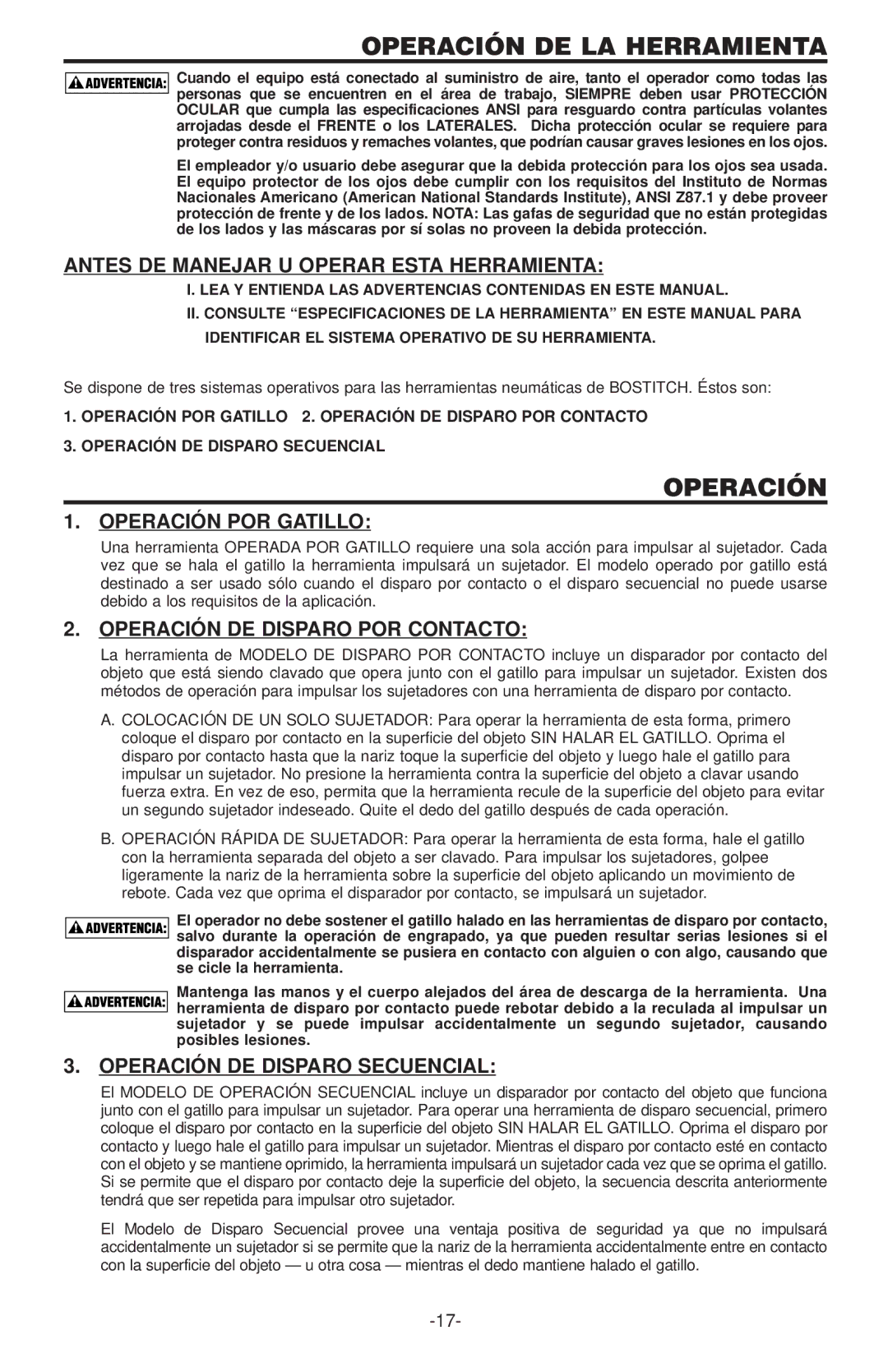 Bostitch 650S4-1 Operación DE LA Herramienta, Antes DE Manejar U Operar Esta Herramienta, Operación DE Disp ARO Secuencial 