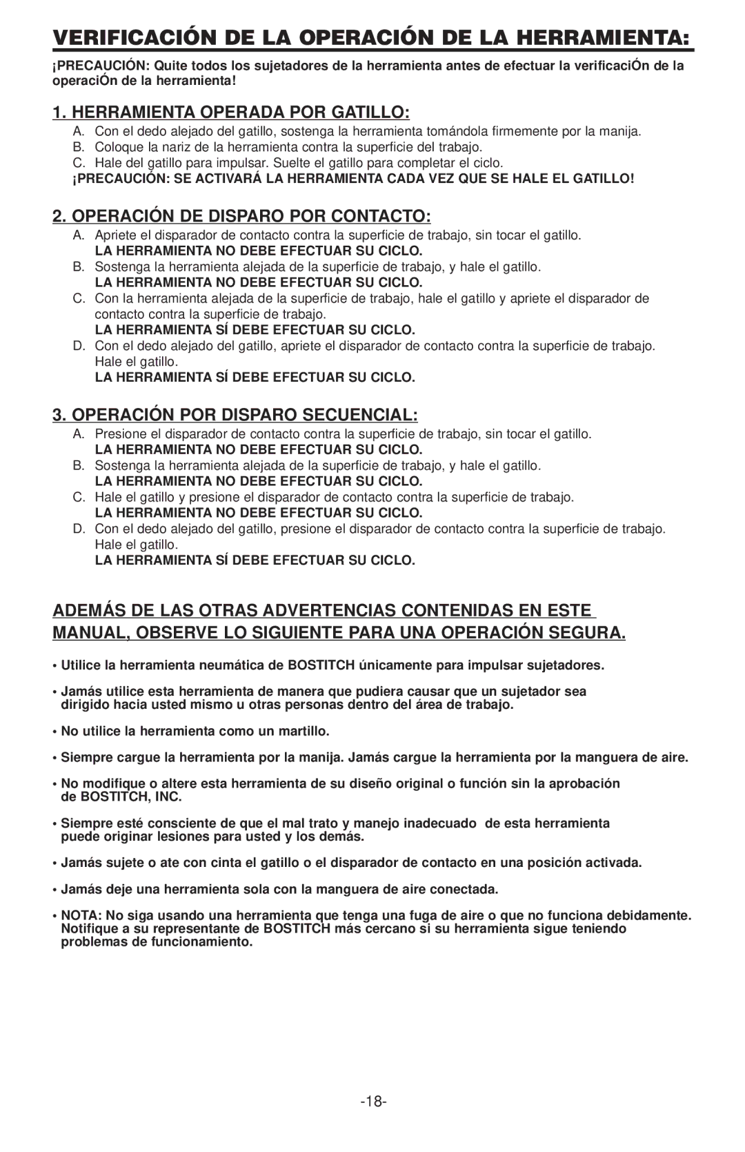 Bostitch 600, 650S4-1 manual Verificación DE LA Operación DE LA Herramienta, Herramienta Operada POR Gatillo 