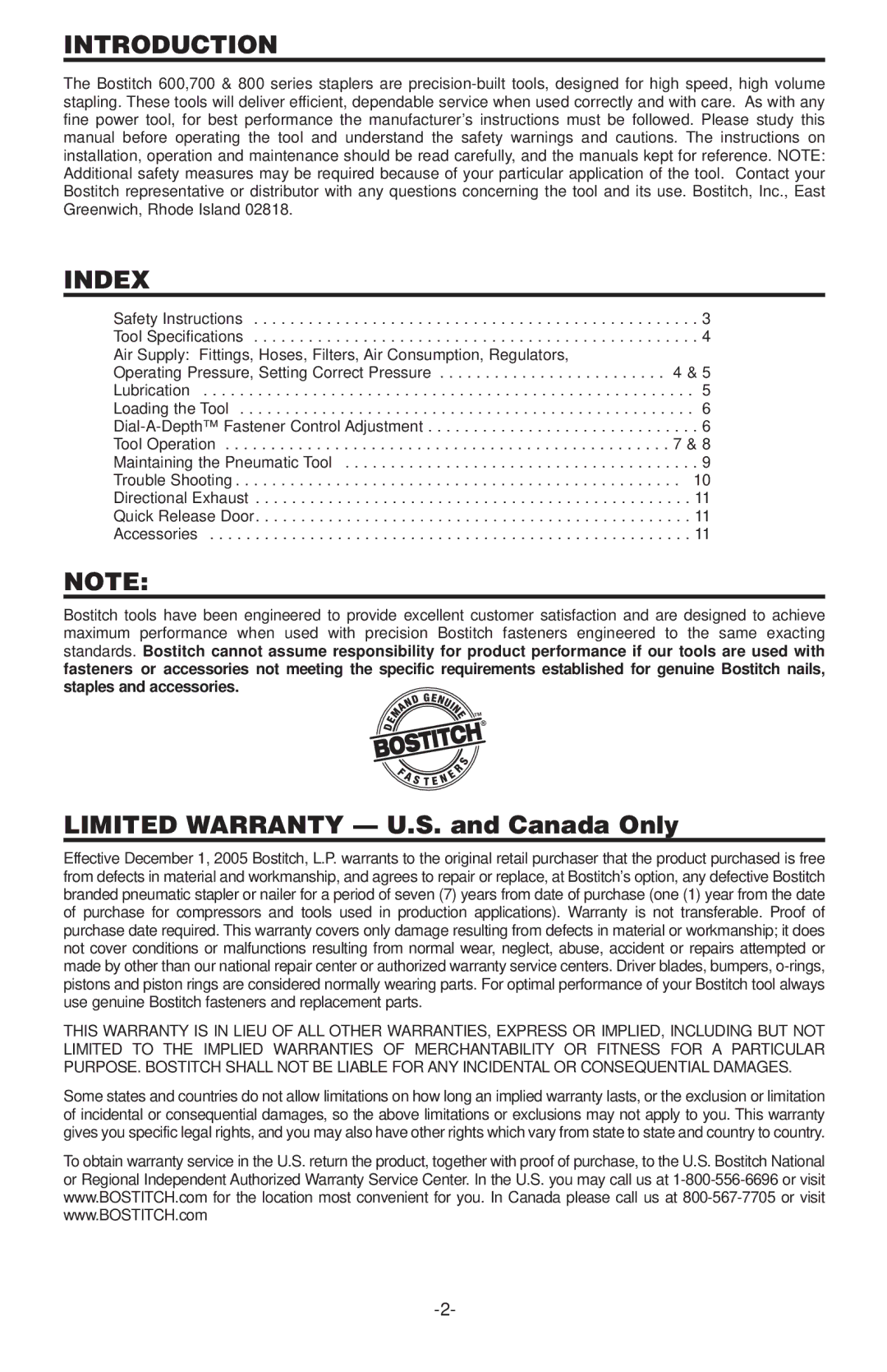 Bostitch 600, 650S4-1 manual Introduction, Index, Limited Warranty U.S. and Canada Only 