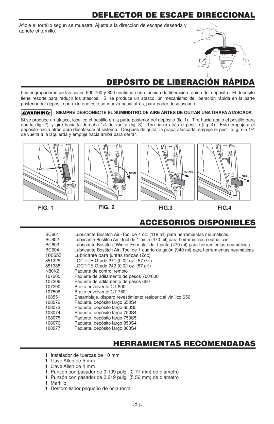 Bostitch 650S4-1, 600 manual Deflector DE Escape Direccional, Depósito DE Liberación Rápida, Accesorios Disponibles 