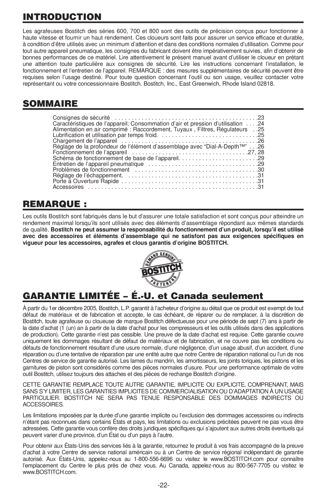 Bostitch 600, 650S4-1 manual Sommaire, Remarque, Garantie Limitée É.-U. et Canada seulement 