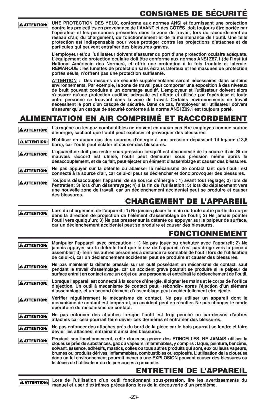 Bostitch 650S4-1, 600 manual Consignes DE Sécurité, Alimentation EN AIR Comprimé ET Raccordement, Chargement DE L’APPAREIL 