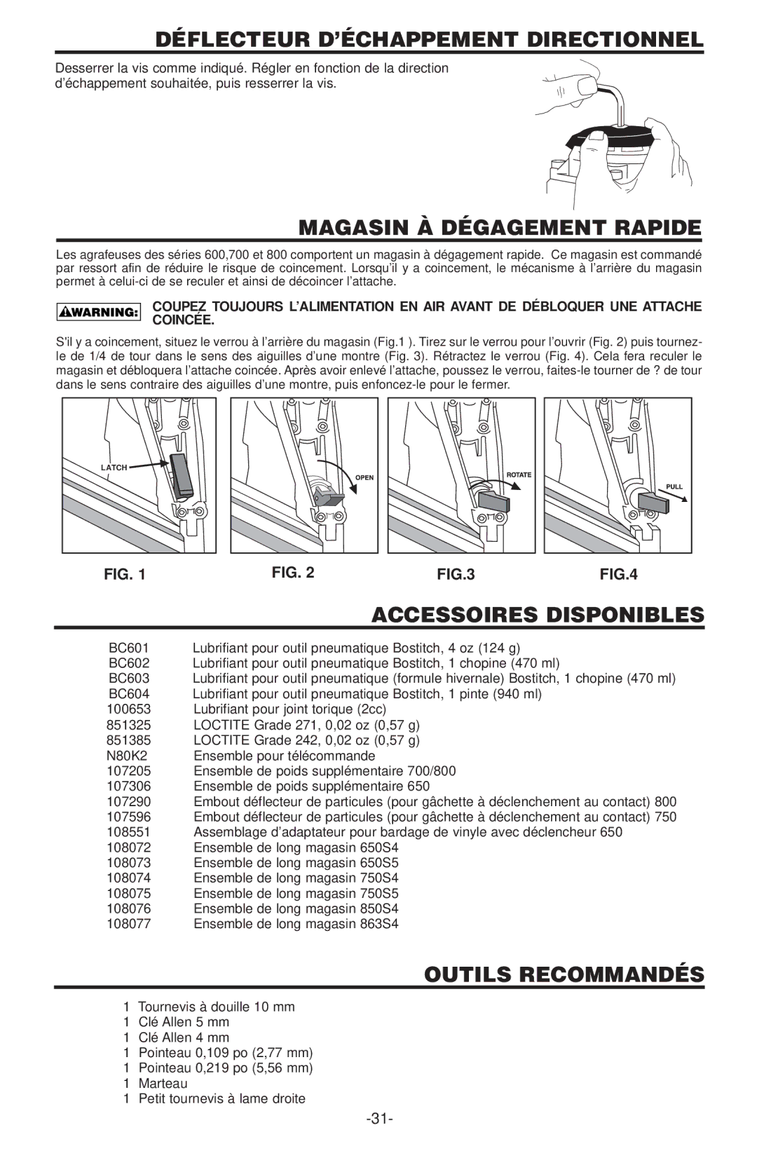 Bostitch 650S4-1, 600 manual Déflecteur D’ÉCHAPPEMENT Directionnel, Magasin À Dégagement Rapide, Accessoires Disponibles 