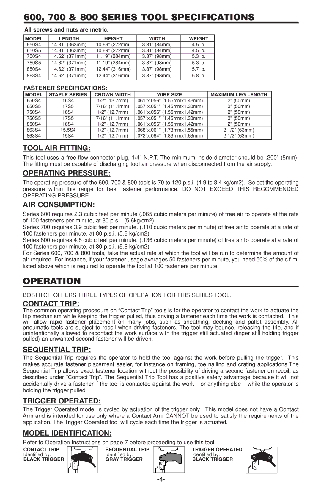 Bostitch 650S4-1 manual 600, 700 & 800 Series Tool Specifications 