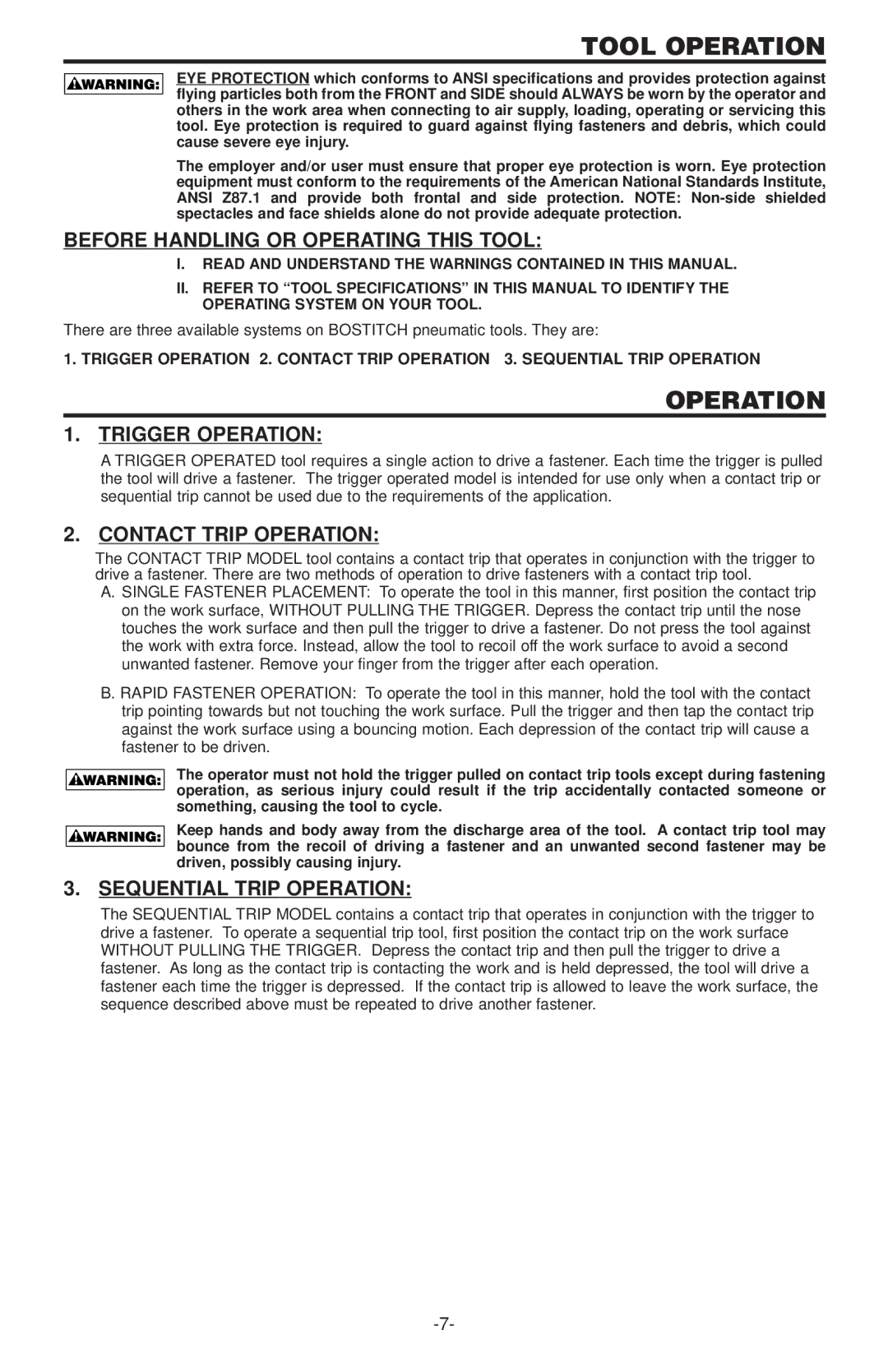 Bostitch 650S4-1, 600 Tool Operation, Before Handling or Operating this Tool, Trigger Operation, Contact Trip Operation 