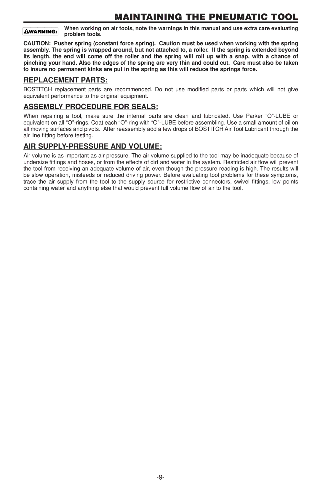 Bostitch 650S4-1, 600 manual Maintaining the Pneumatic Tool, Replacement Parts, Assembly Procedure for Seals 