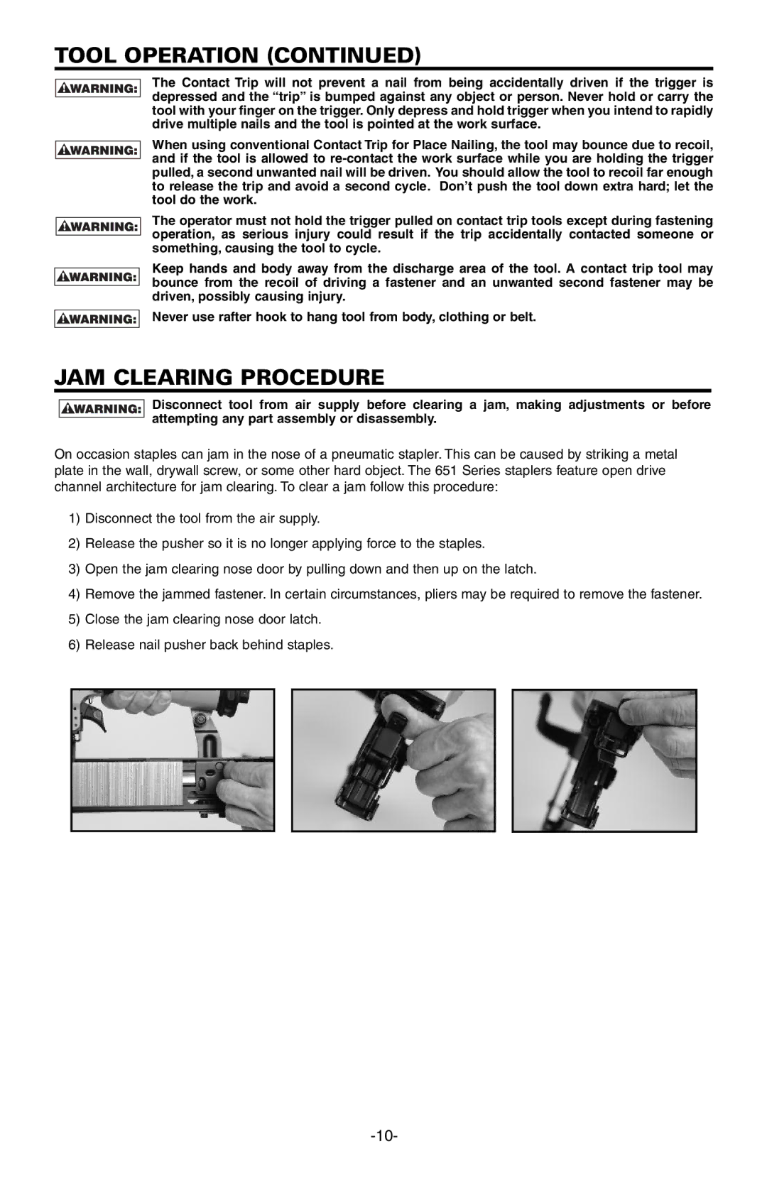 Bostitch 651S5 manual JAM Clearing Procedure 