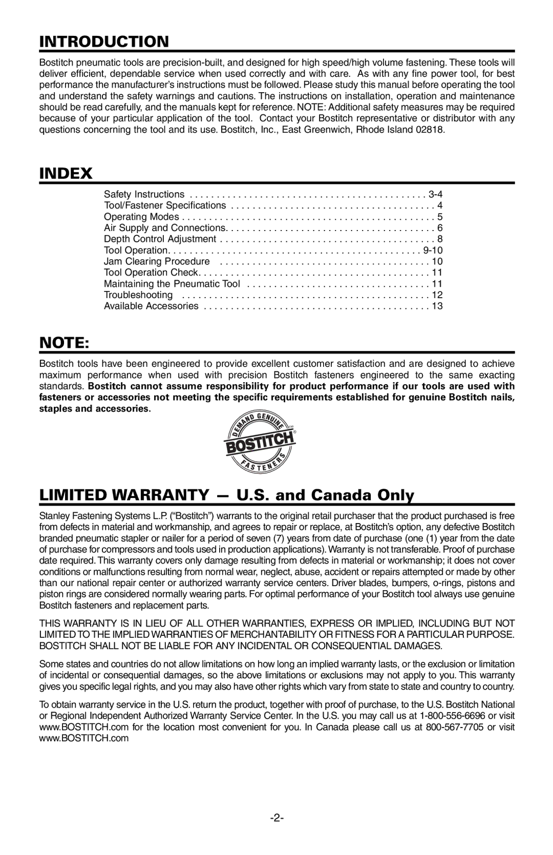 Bostitch 651S5 manual Introduction, Index 