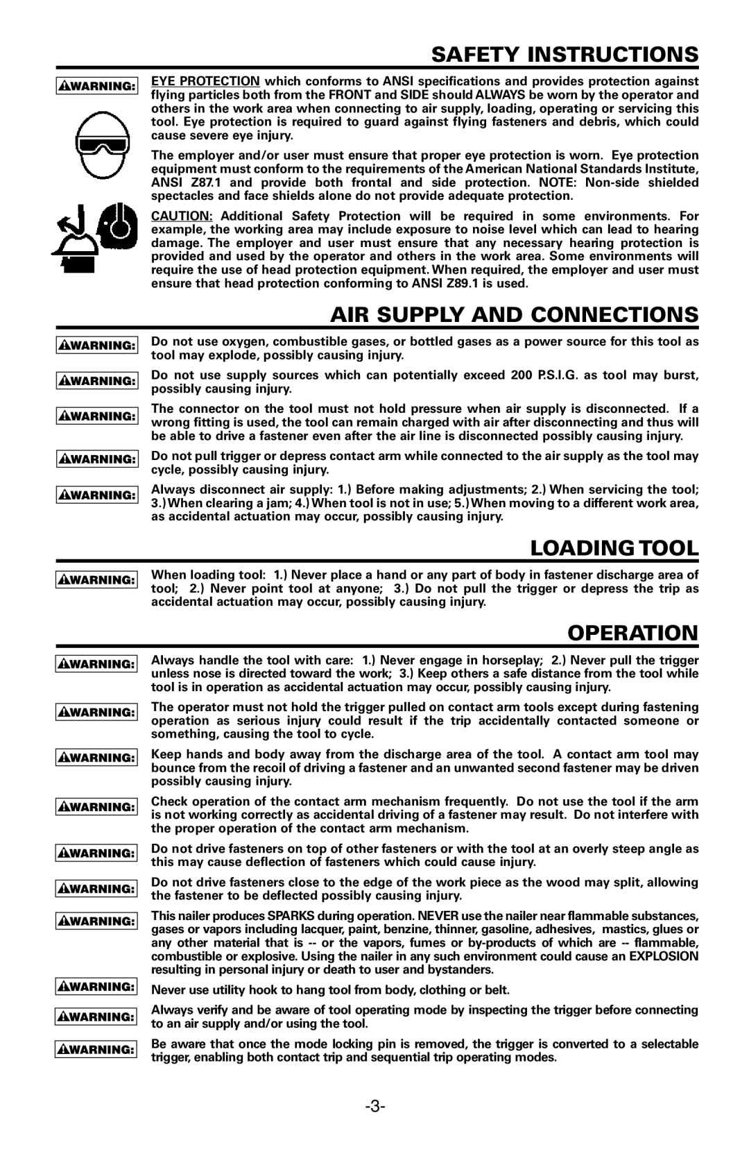 Bostitch 651S5 manual Safety Instructions, AIR Supply and Connections, Loadingtool, Operation 