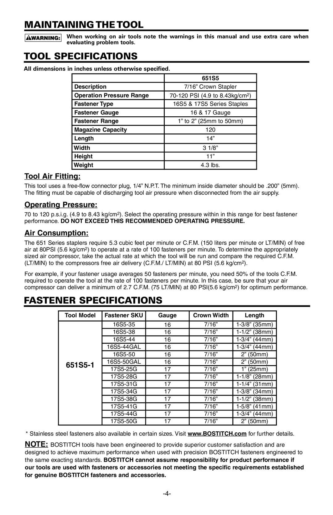 Bostitch 651S5 manual Maintainingthetool, Tool Specifications, Fastener Specifications 