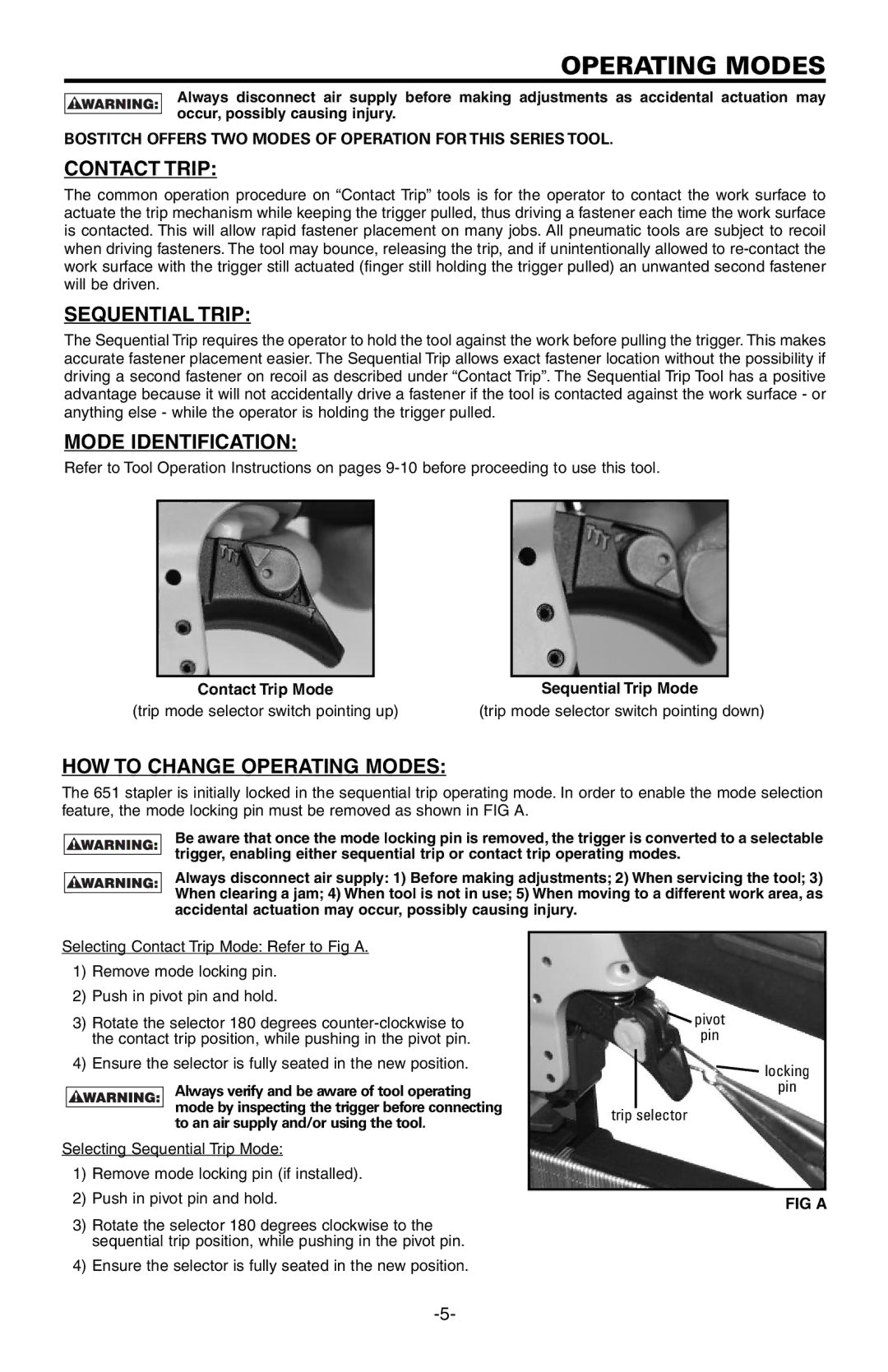 Bostitch 651S5 manual Contact Trip, Sequential Trip, Mode Identification, HOW to Change Operating Modes 