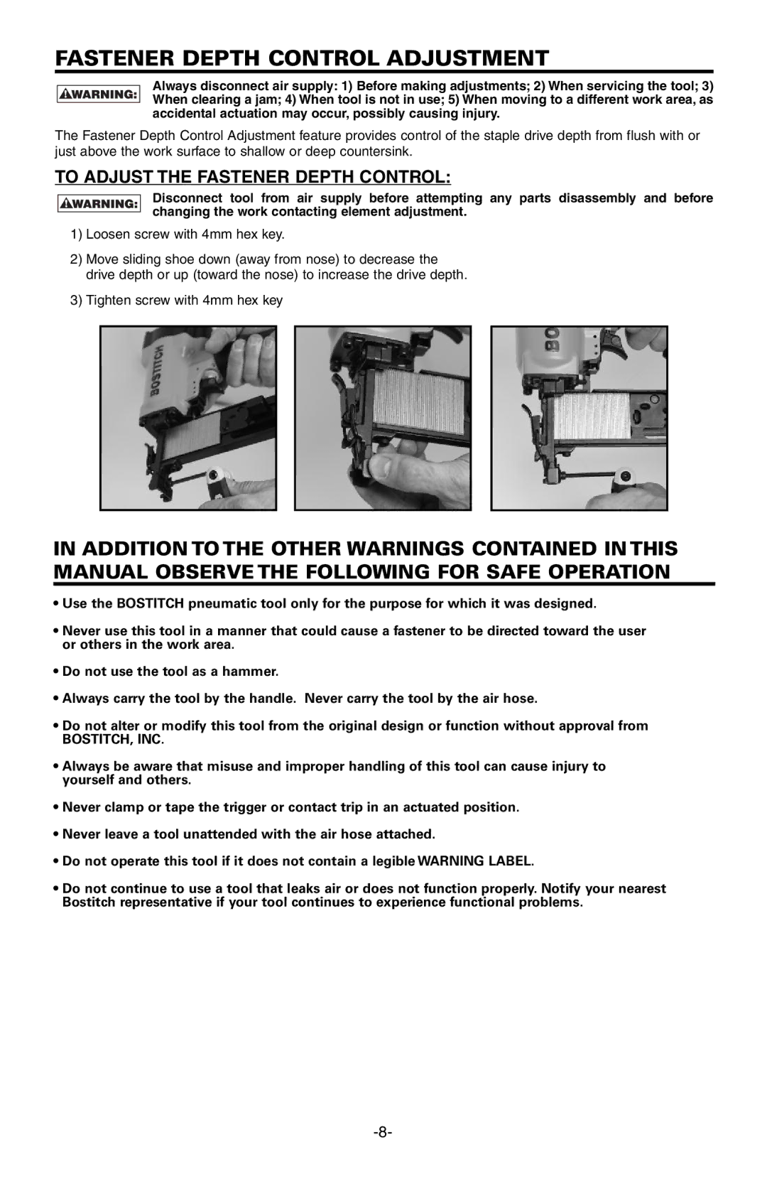 Bostitch 651S5 manual Fastener Depth Control Adjustment, To Adjust the Fastener Depth Control, Bostitch, Inc 