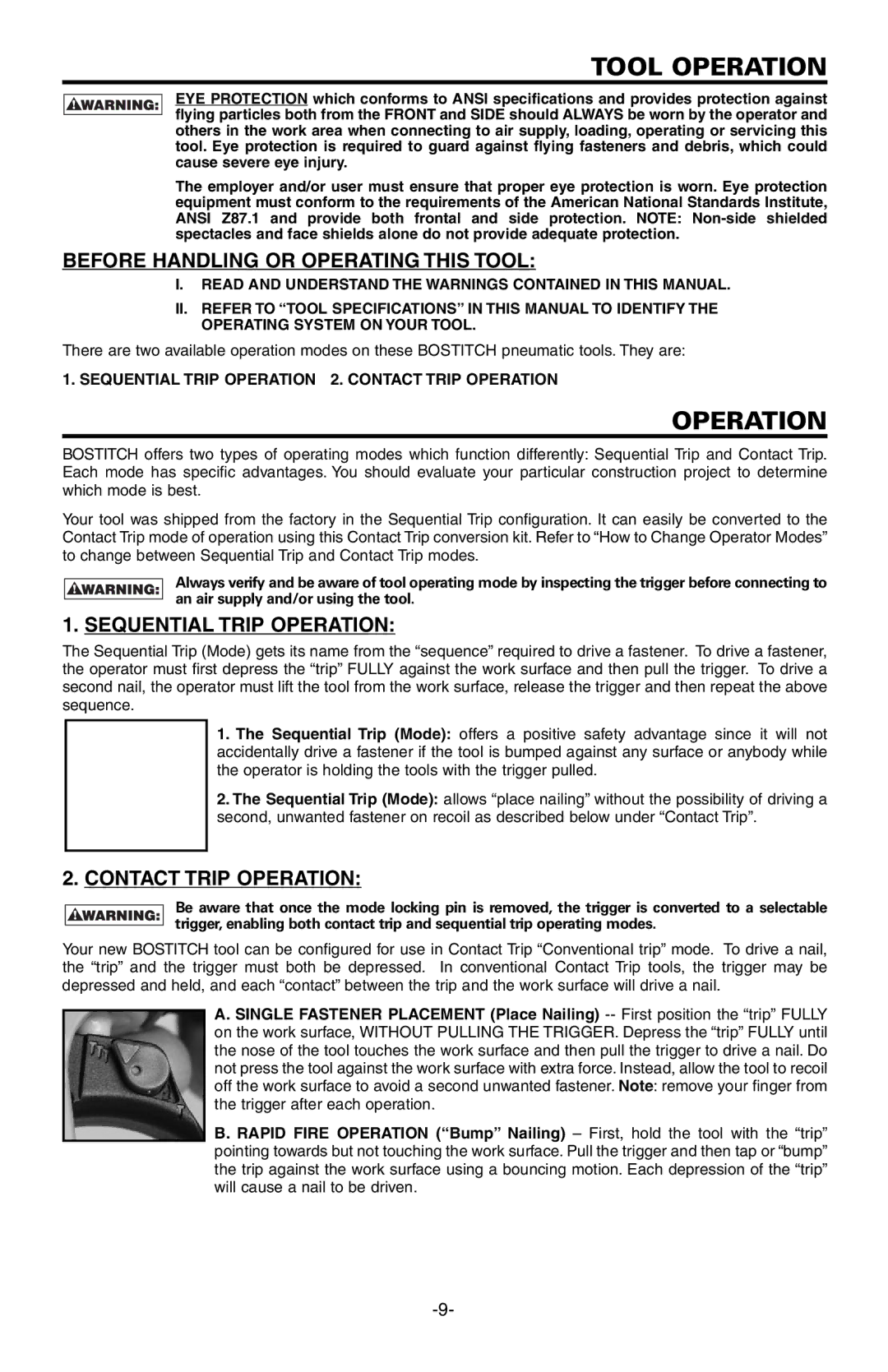 Bostitch 651S5 Tool Operation, Before Handling or Operating this Tool, Sequential Trip Operation, Contacttrip Operation 
