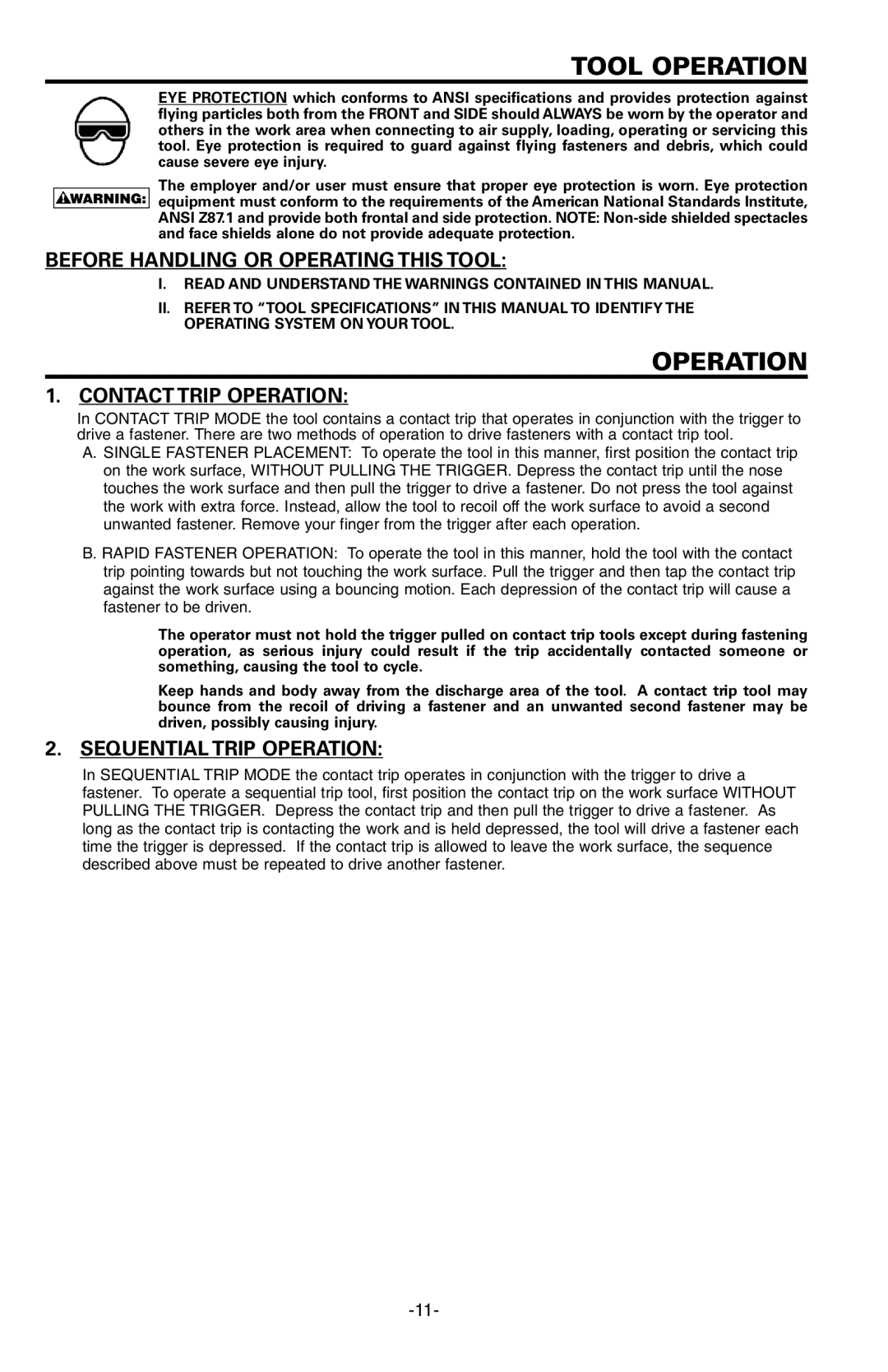 Bostitch BT1855K Tool Operation, Before Handling or Operating this Tool, Contact Trip Operation, Sequential Trip Operation 