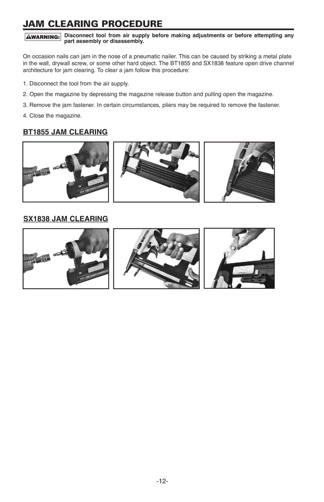 Bostitch BT1855K manual JAM Clearing Procedure, BT1855 JAM Clearing SX1838 JAM Clearing 