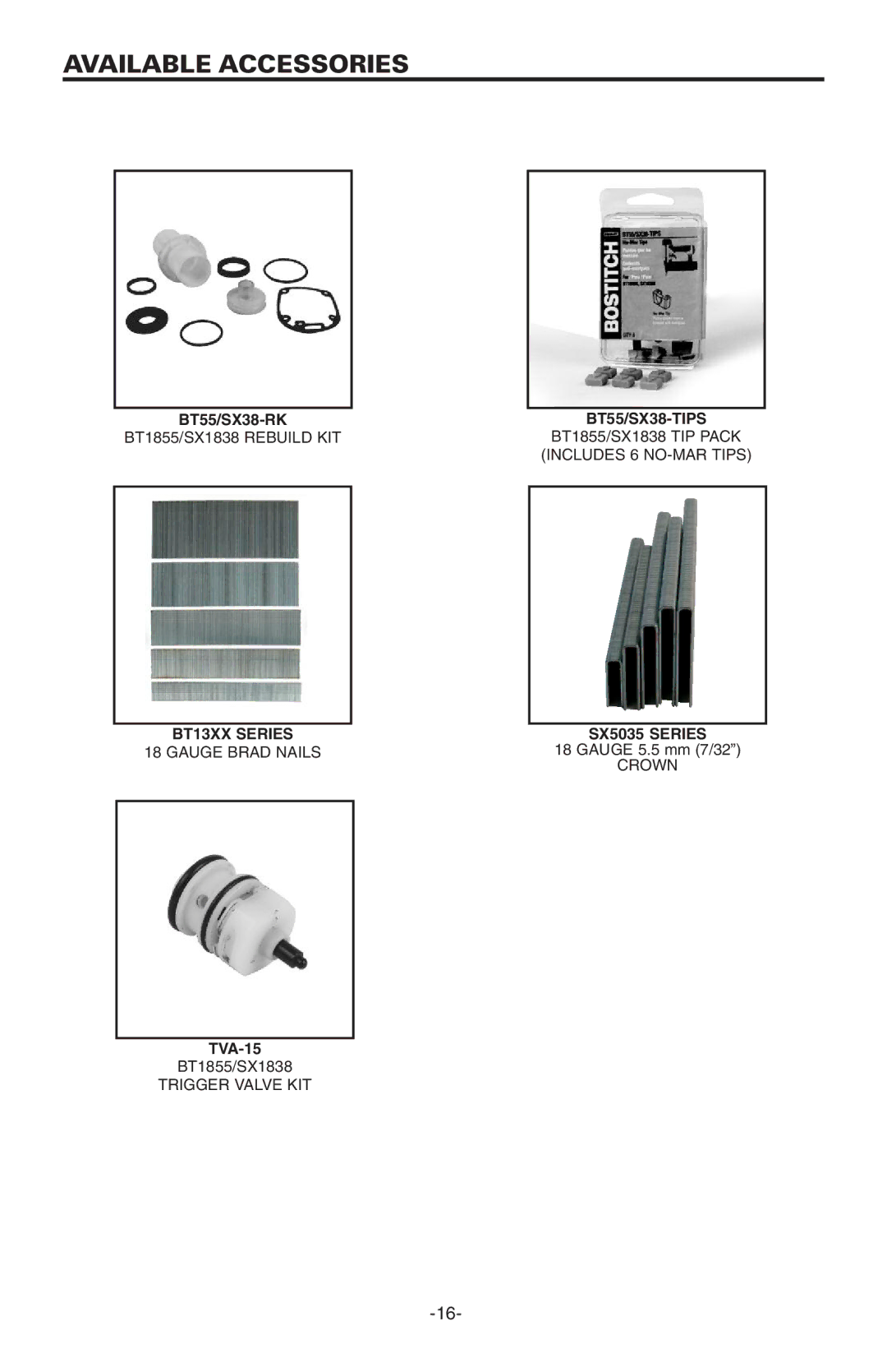 Bostitch BT1855K manual Availableaccessories 