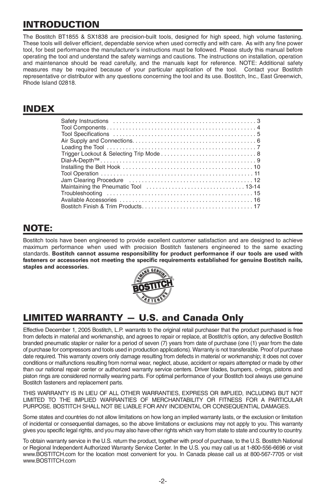 Bostitch BT1855K manual Introduction, Index 