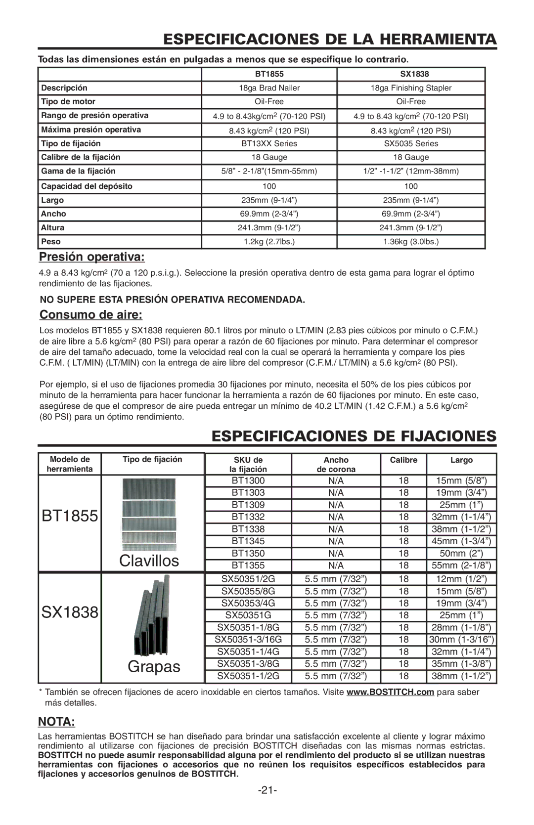 Bostitch BT1855K manual Especificaciones DE LA Herramienta, Especificaciones DE Fijaciones, Nota 