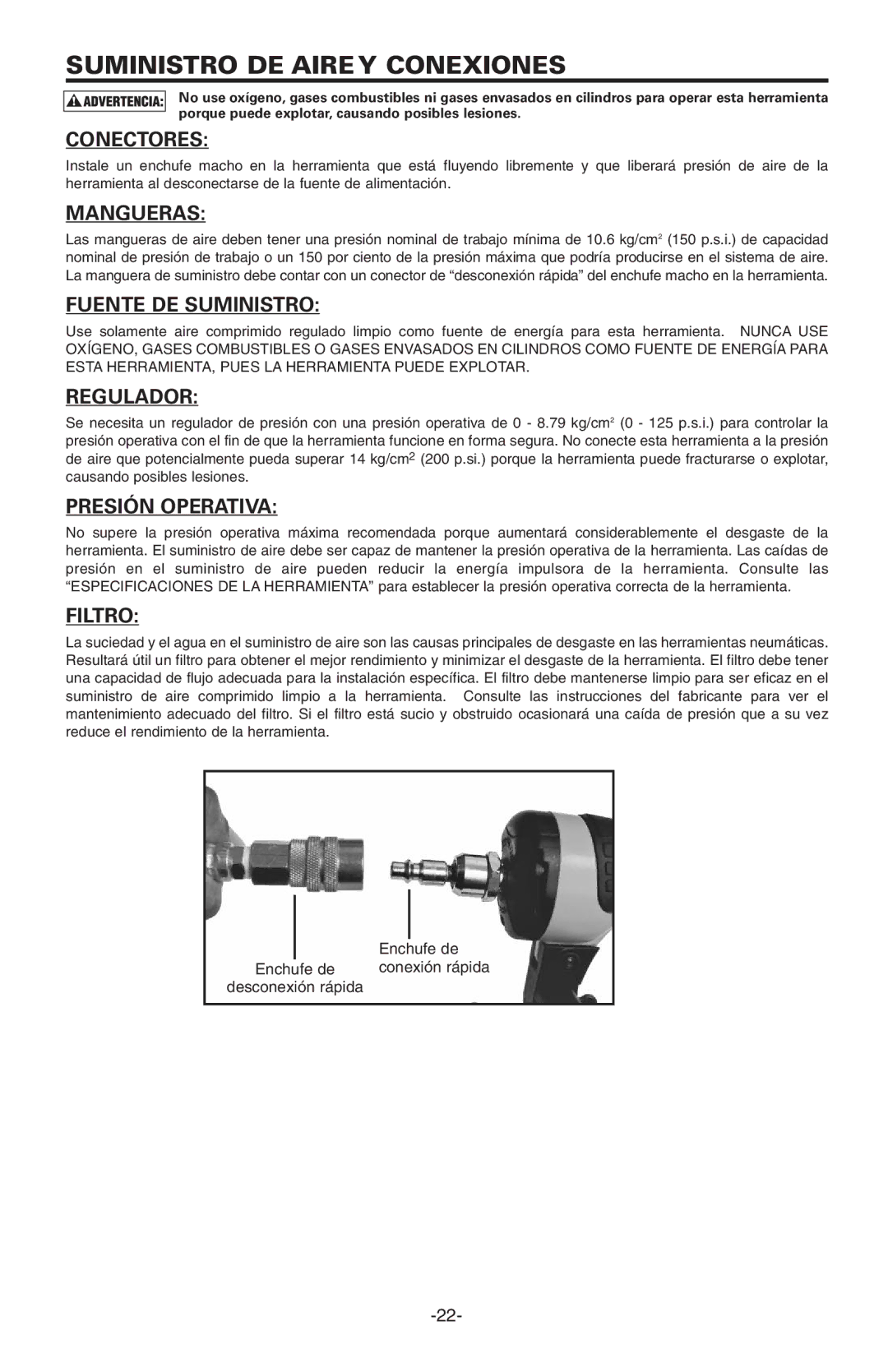 Bostitch BT1855K manual Conectores, Mangueras, Fuente DE Suministro, Regulador, Presión Operativa, Filtro 