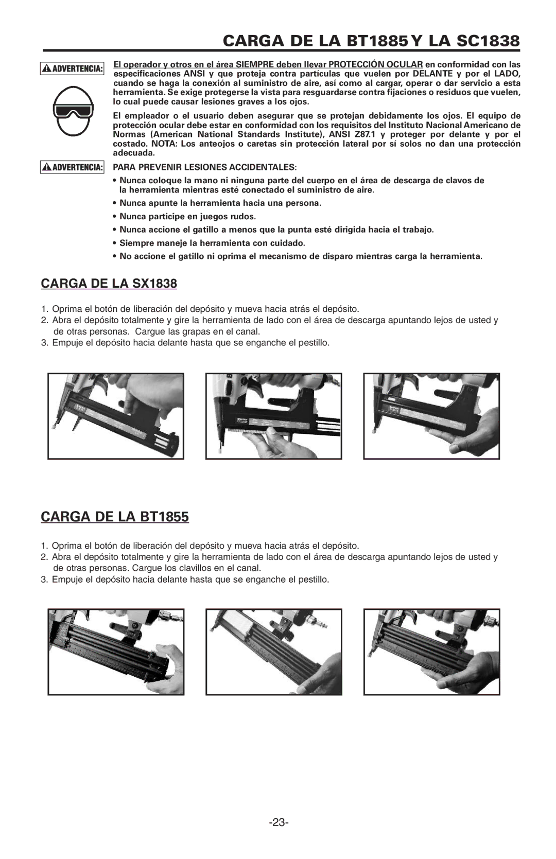 Bostitch BT1855K manual Carga DE LA BT1885Y LA SC1838, Carga DE LA SX1838 